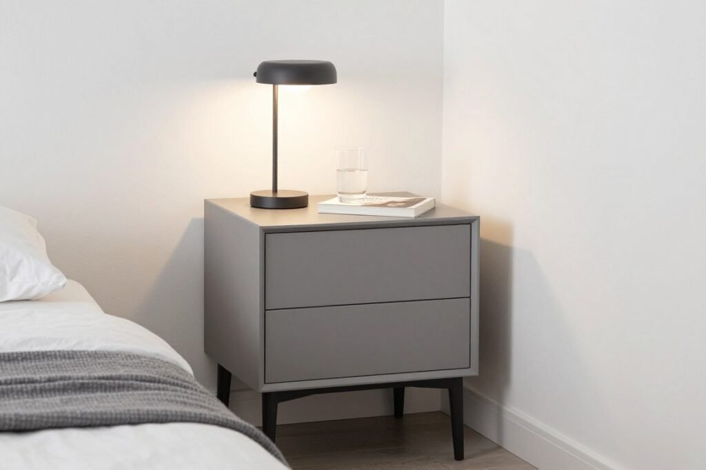 compact nightstand in small bedroom with minimal footprint
