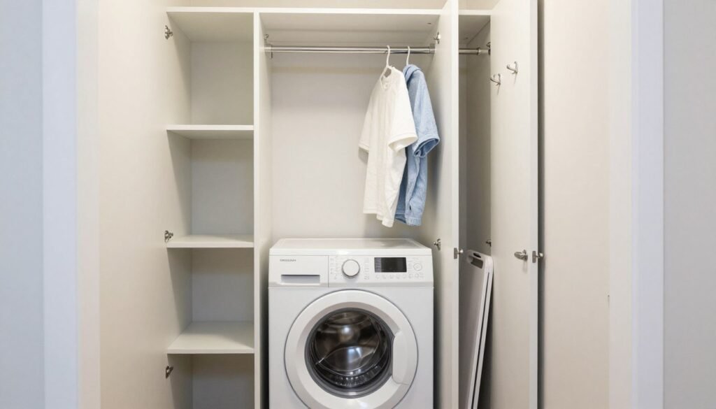 compact organized laundry closet with stackable appliances