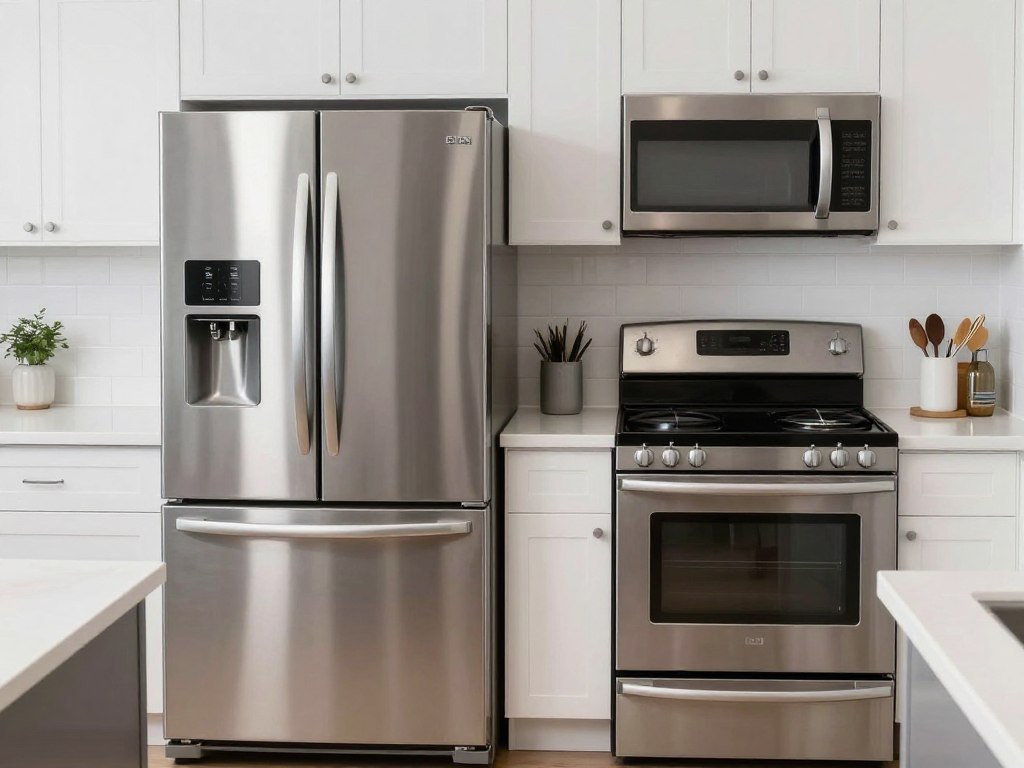 compact refrigerator and range in small apartment kitchen