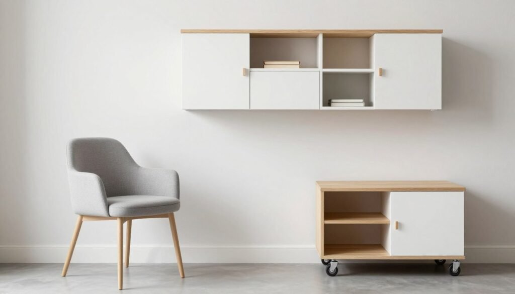 compact salon furniture including space-saving styling chair and storage cabinet