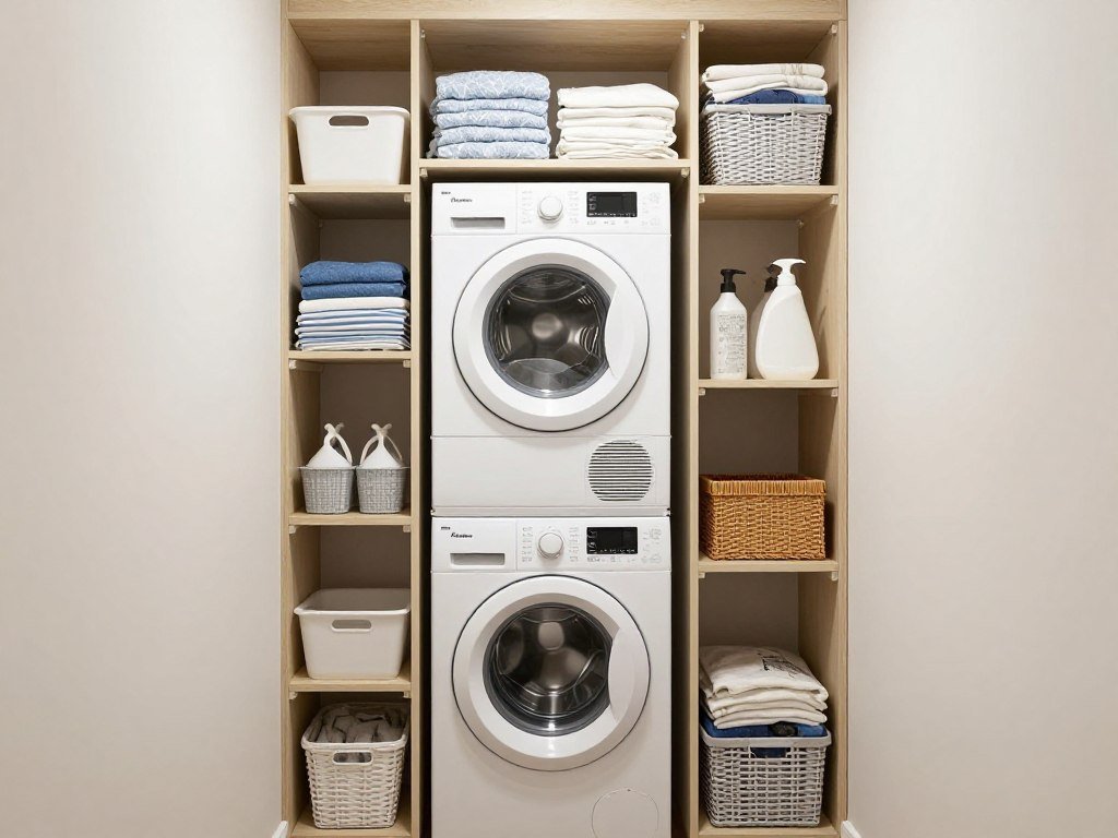 compact shelving in small laundry closet