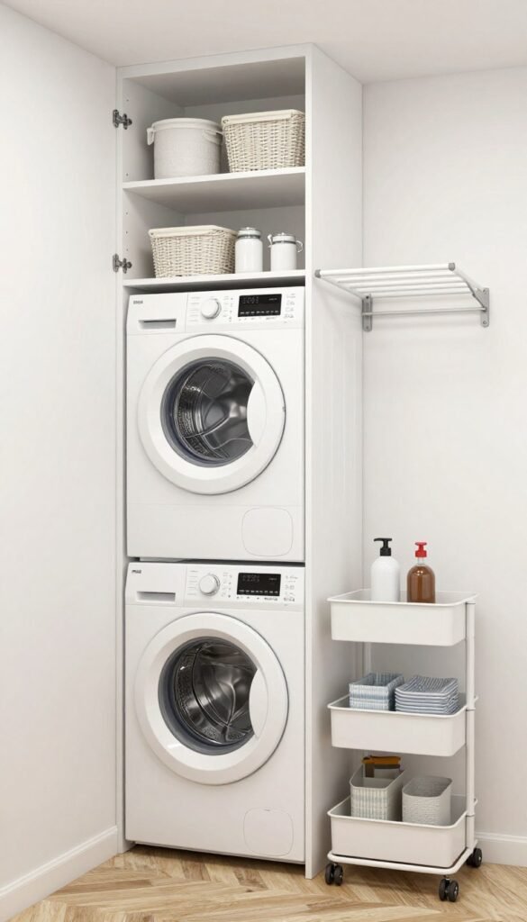 compact small laundry room with vertical storage