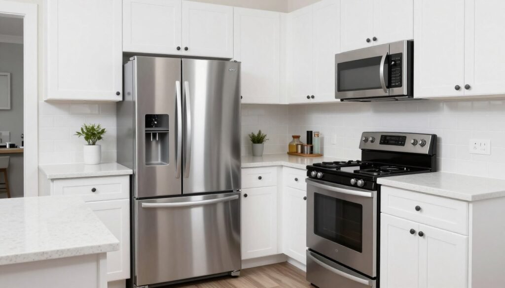 compact stainless steel appliances in small modern kitchen compact stainless steel appliances in small modern kitchen