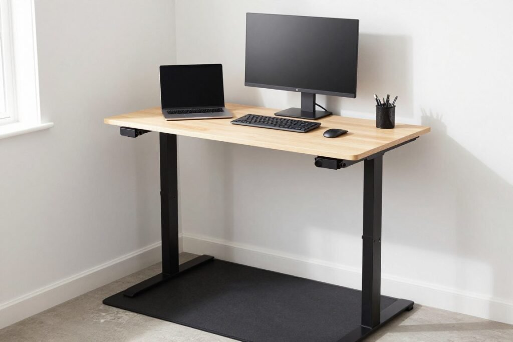 compact standing desk in small home office space