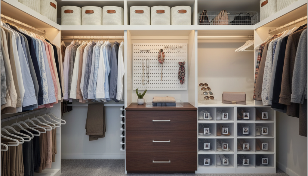 complete small closet organization system with shelves, rods, and storage