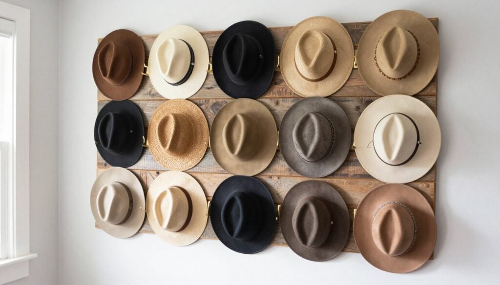 completed diy hat storage project with hats displayed on wall