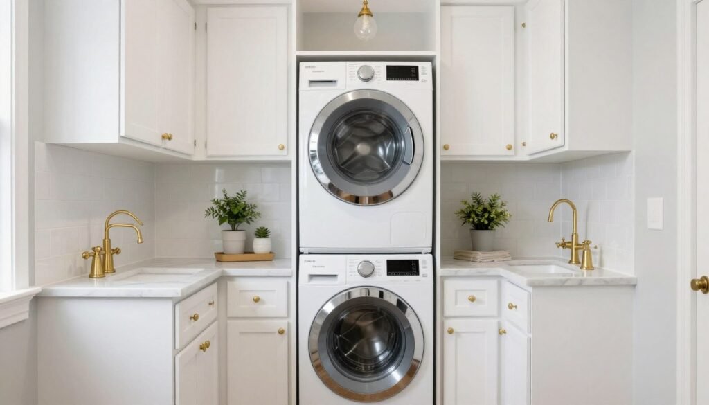 completed small laundry room transformation with stackable washer dryer