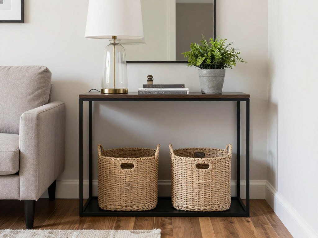 console table behind sofa with storage baskets
