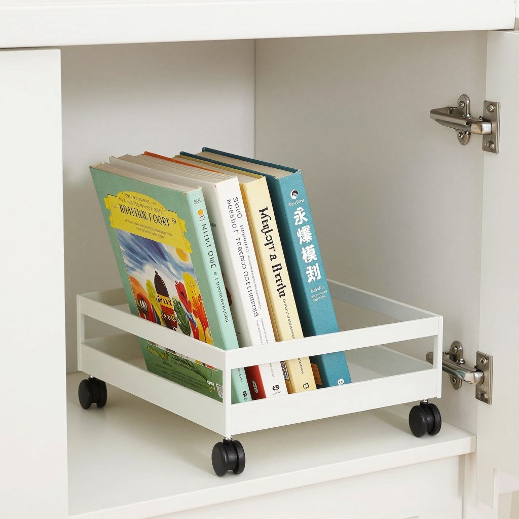 cookbook storage in kitchen cabinet with pull-out shelf for easy access