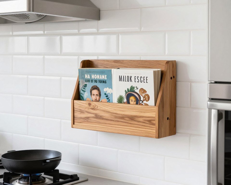 cookbook storage rack mounted on kitchen wall near cooking area for easy access