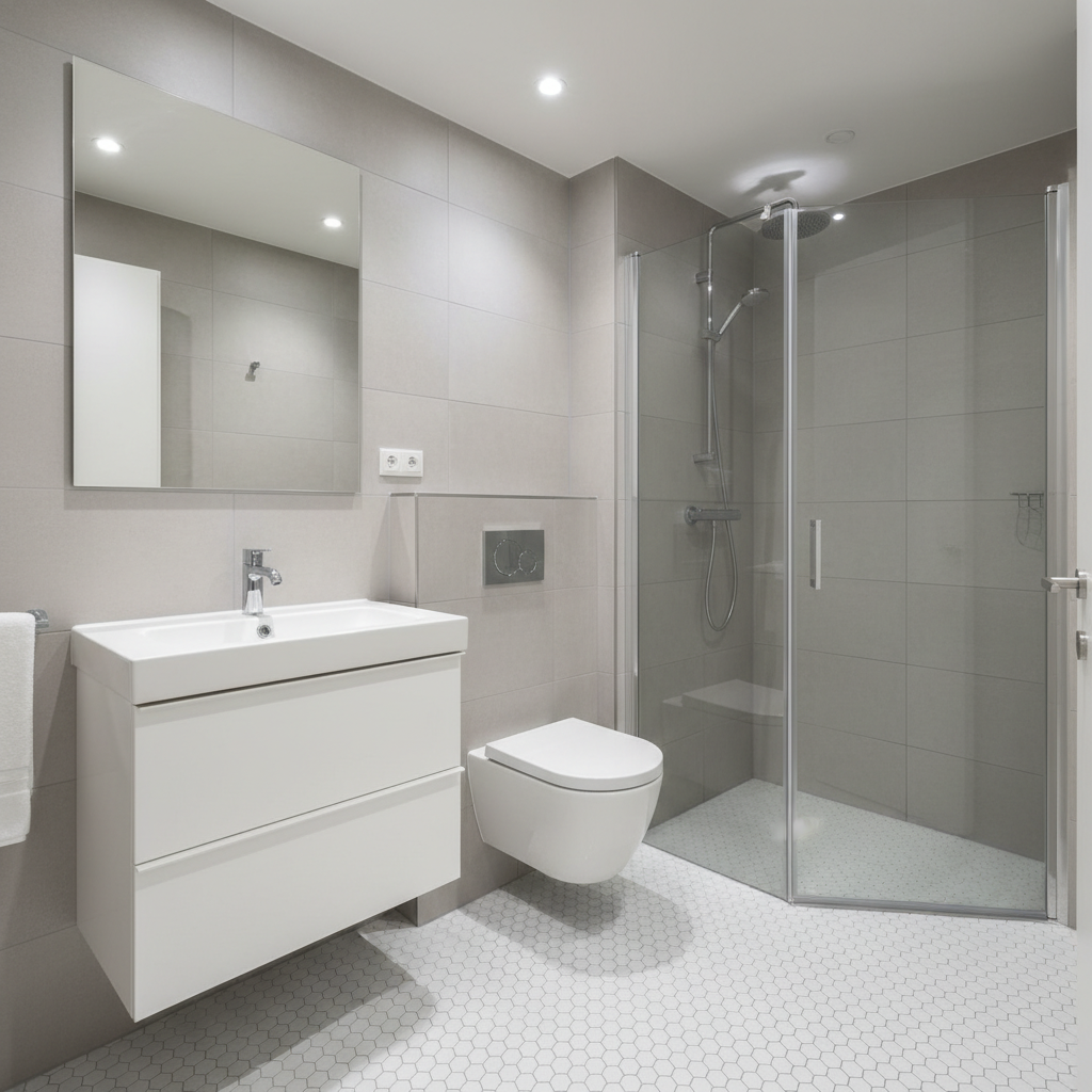 corner bathroom layout with fixtures arranged in L-shape