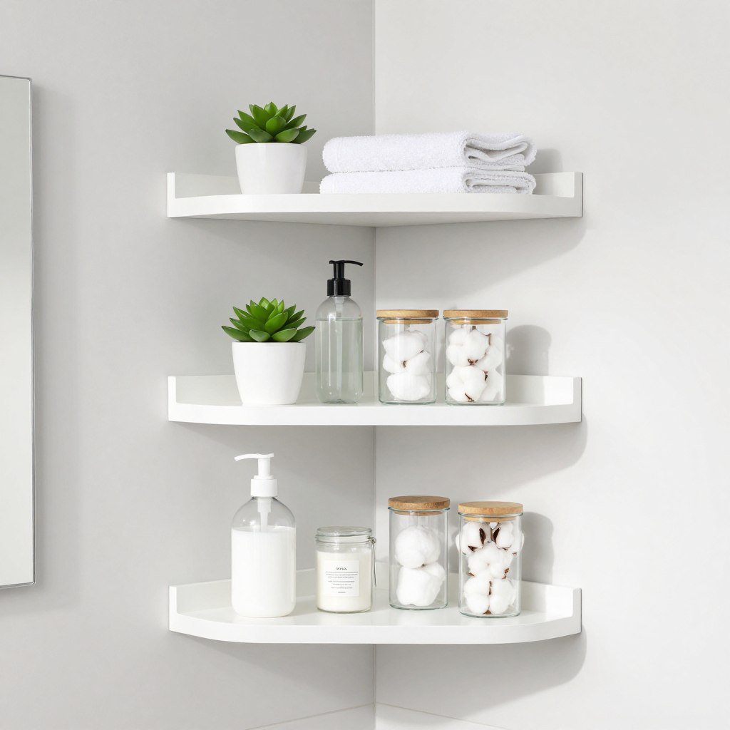 corner bathroom shelves with organized toiletries