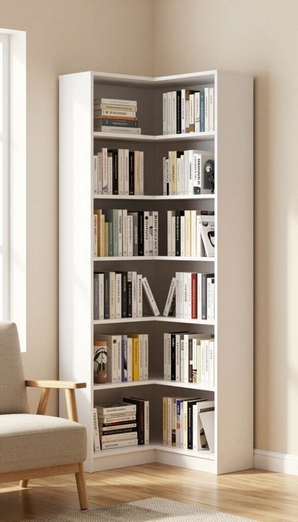 corner book storage utilizing unused space in small bedroom