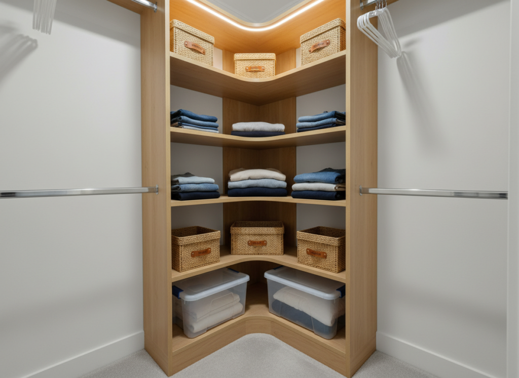corner closet shelving unit making use of difficult space