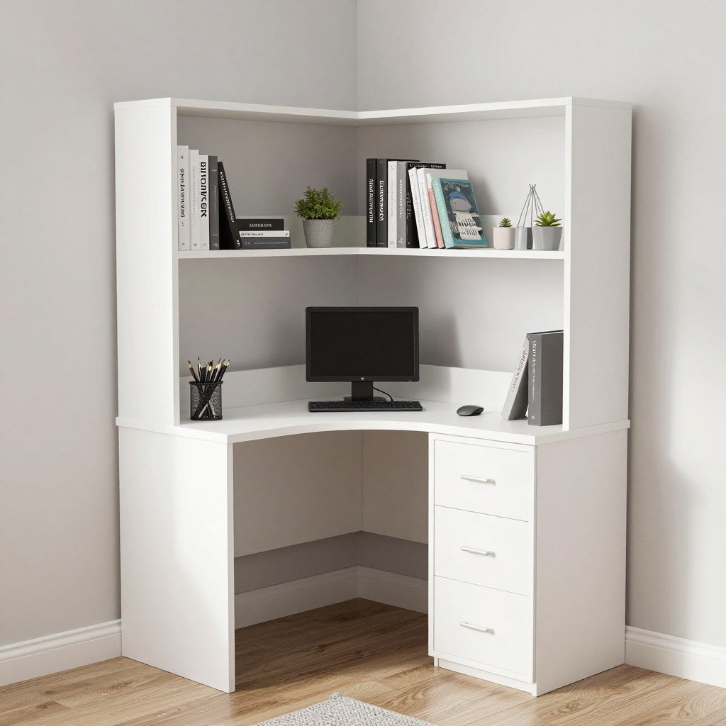 corner desk with built-in shelving and drawer storage