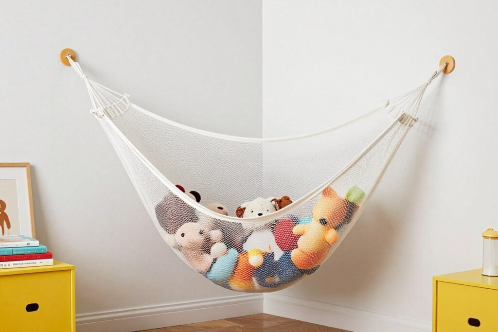 corner hammock stuffed animal storage filled with colorful toys