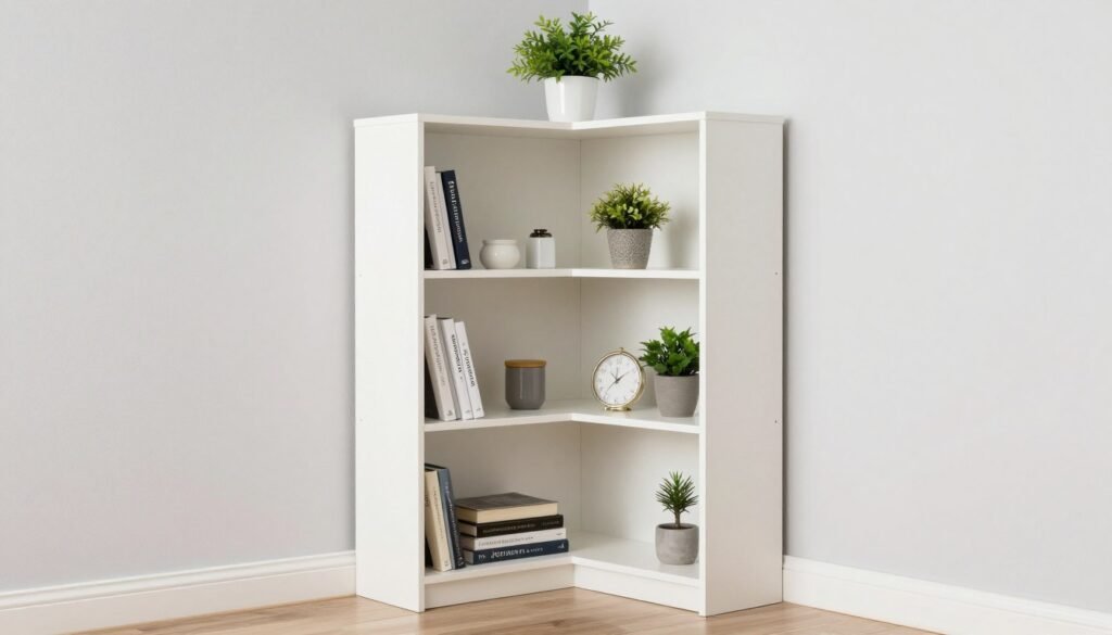 corner of small bedroom utilized with corner shelving unit