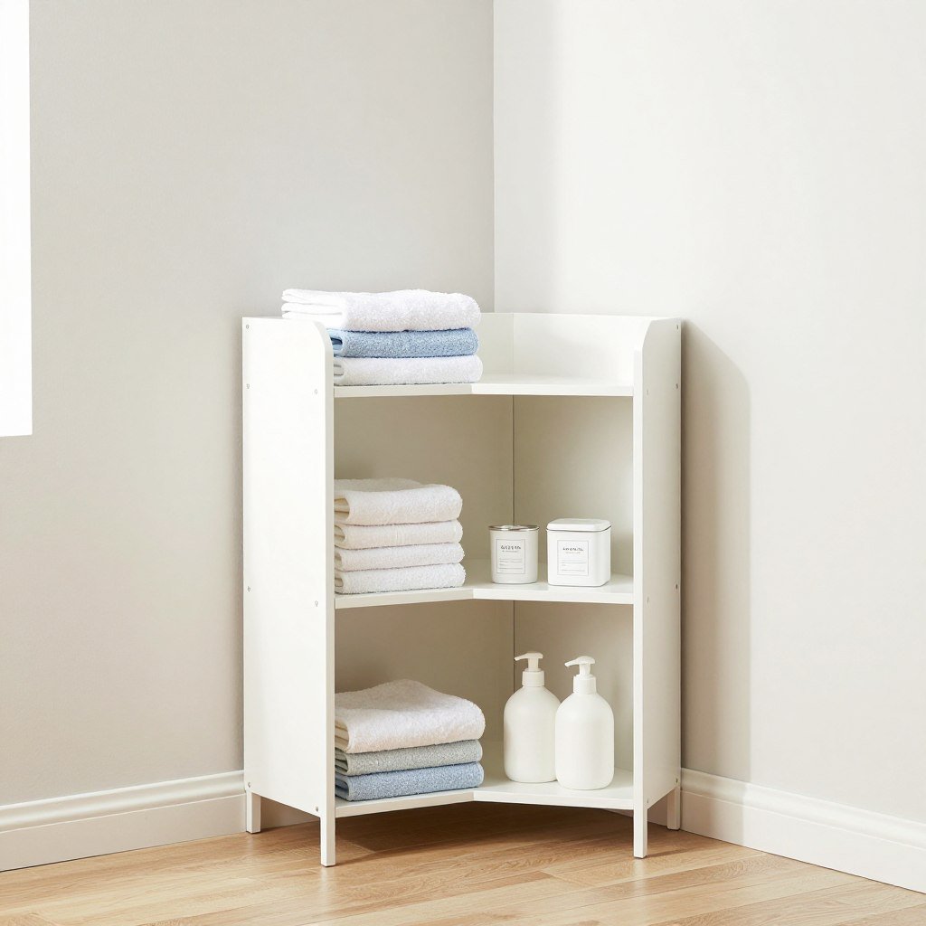 corner shelf solution in compact laundry room