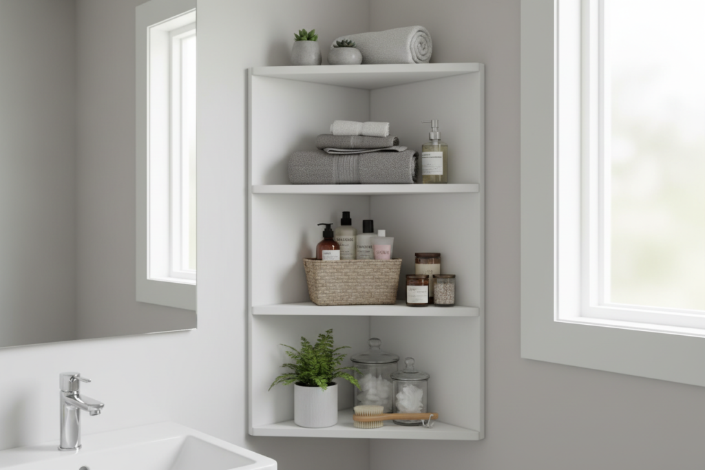 corner shelf unit in small bathroom with toiletries and towels