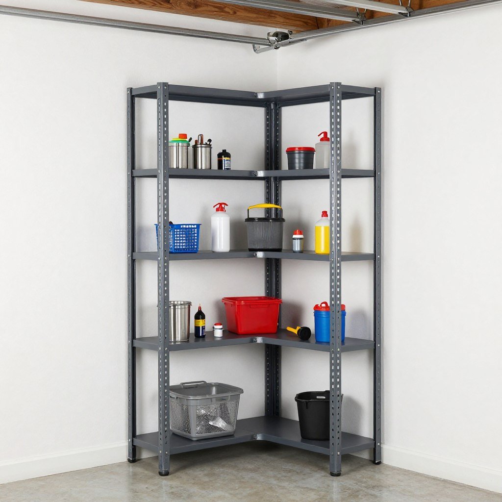 corner shelving unit in garage