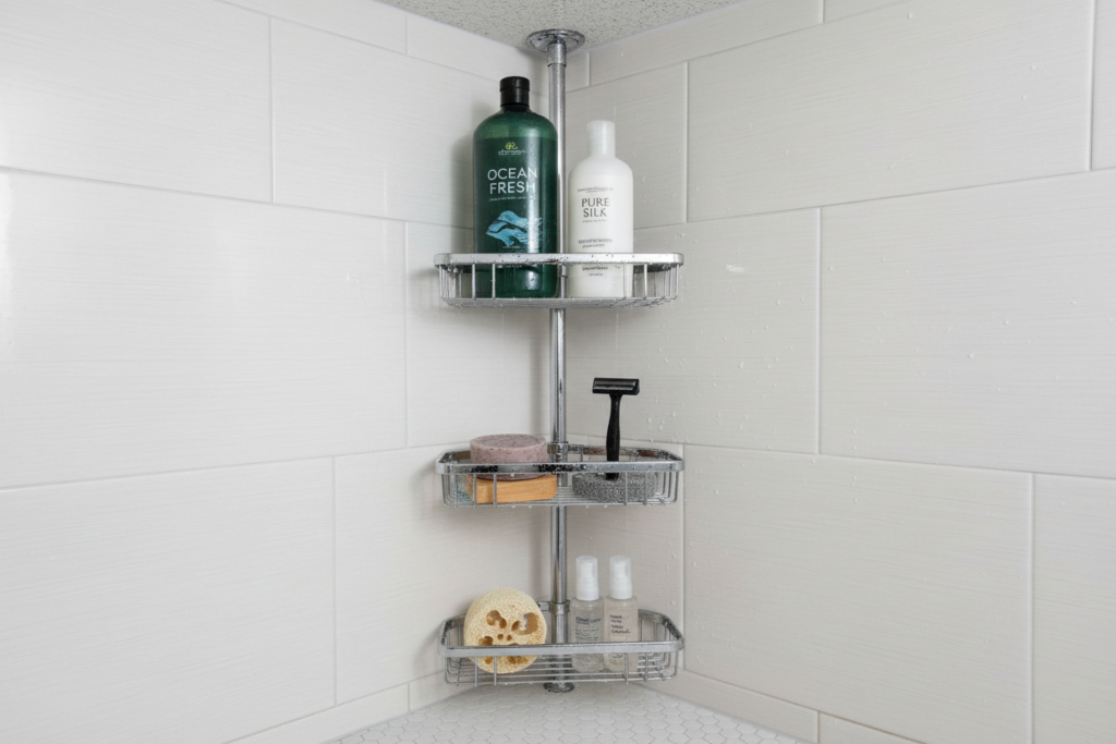 corner shower caddy with organized shampoo and bath products