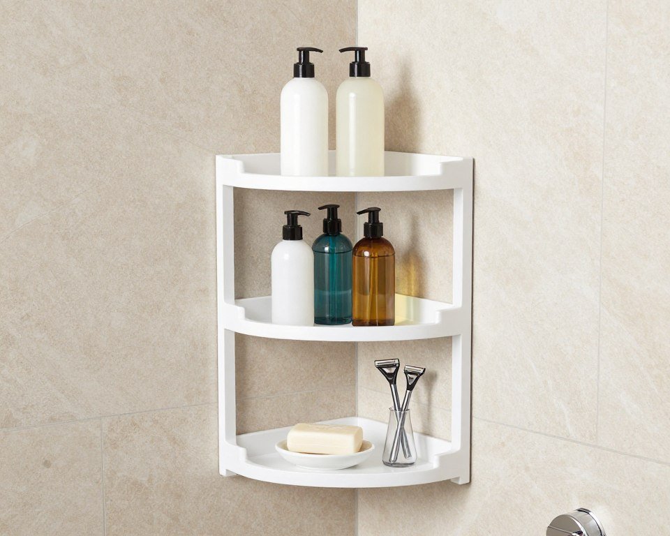 corner shower shelves with organized bath products