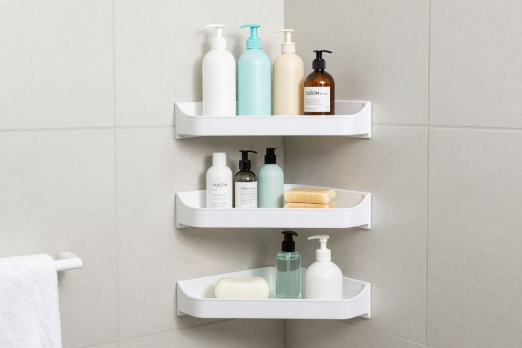 corner shower shelves with organized bath products