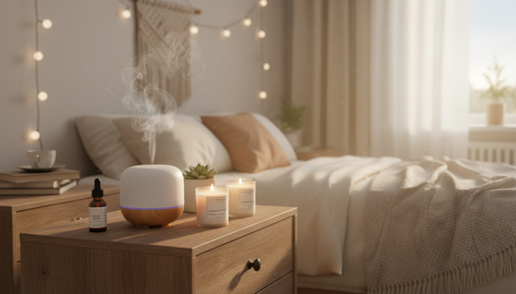 cozy bedroom with candles and diffuser
