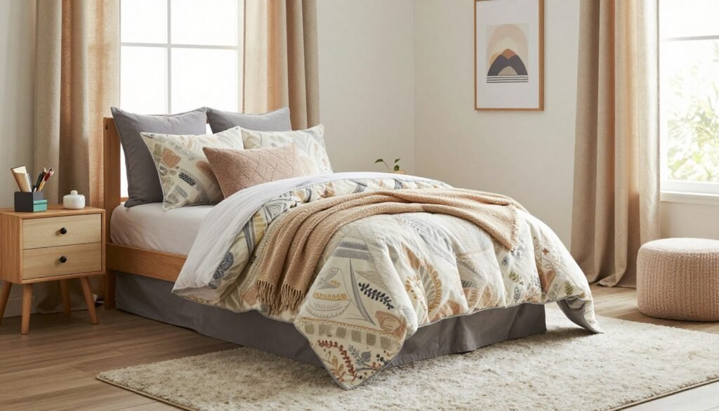 cozy kids bedroom with layered textiles including bedding, curtains, and rugs