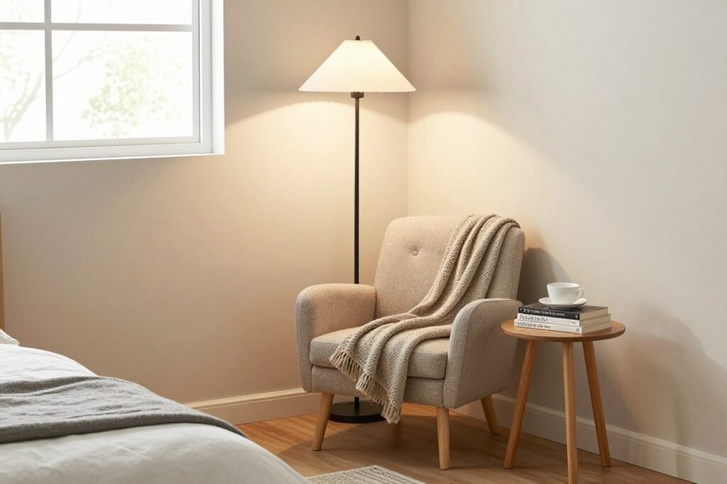 cozy reading corner in small bedroom with chair and lamp