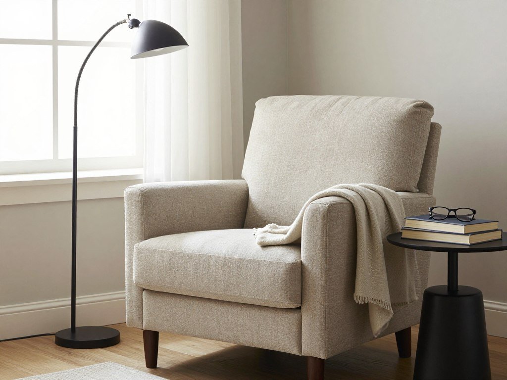 cozy reading corner with armchair and floor lamp in guest bedroom