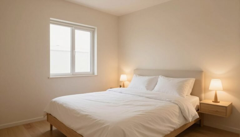 cozy small guest bedroom with minimalist furniture and warm lighting creating an inviting atmosphere