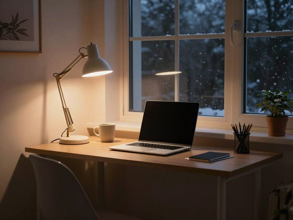 cozy winter workspace with warm lighting