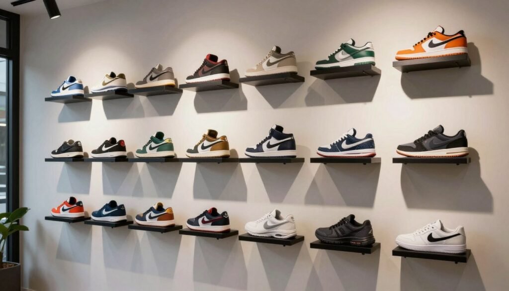 creative shoe display wall with floating shelves showcasing sneaker collection