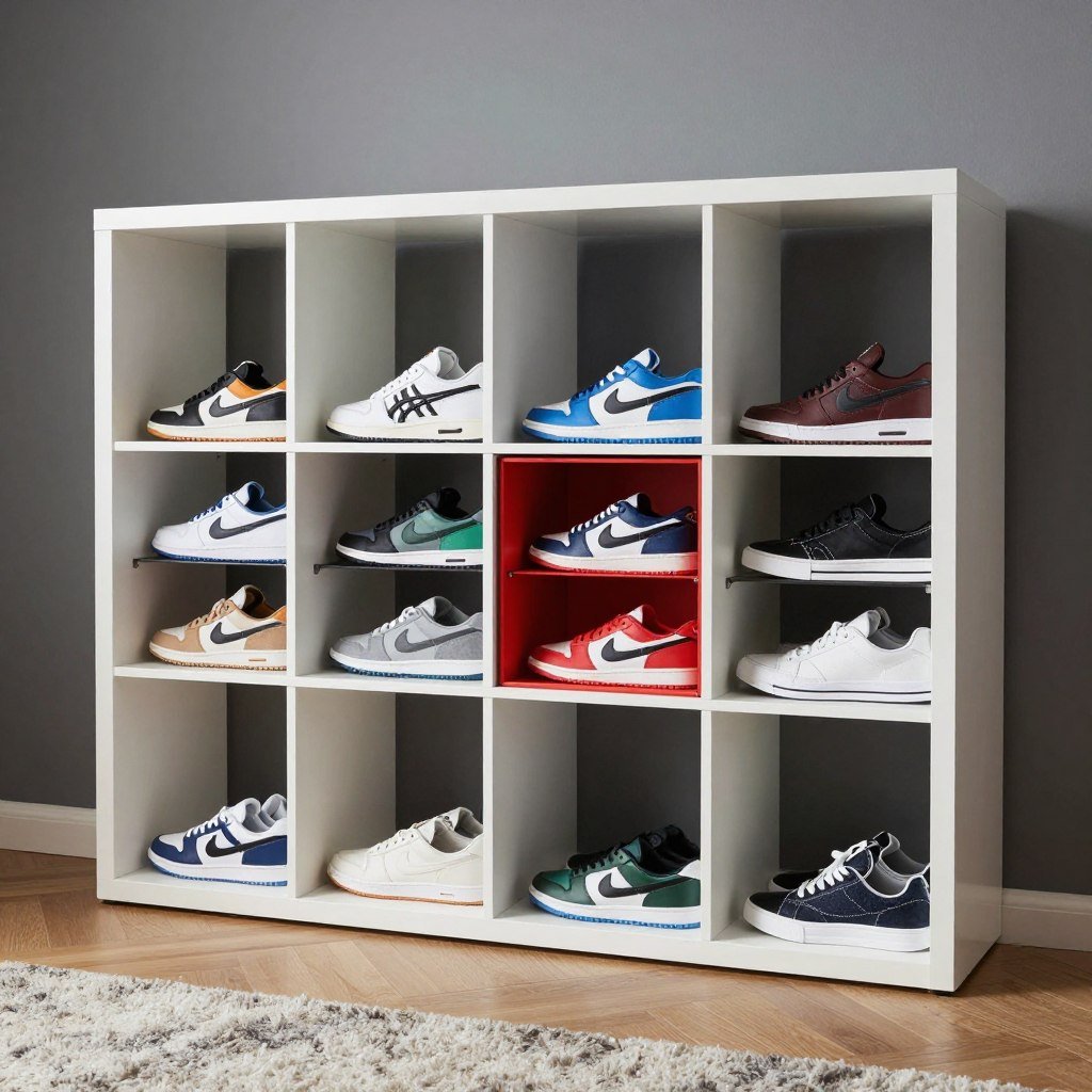 cubby storage unit with shoes displayed in individual compartments