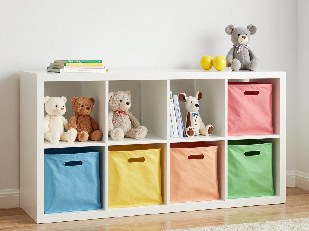 cube storage system with stuffed animals in fabric bins