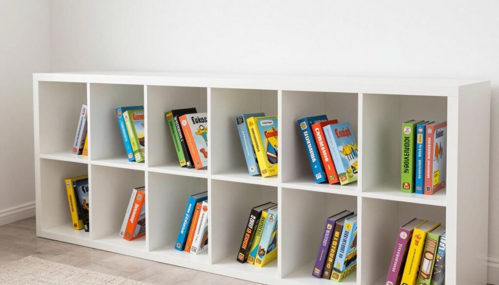 cube storage unit filled with organized board games