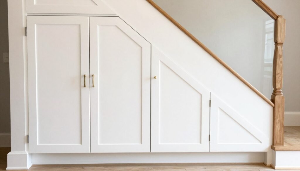 custom built-in cabinets under stairs with panel doors