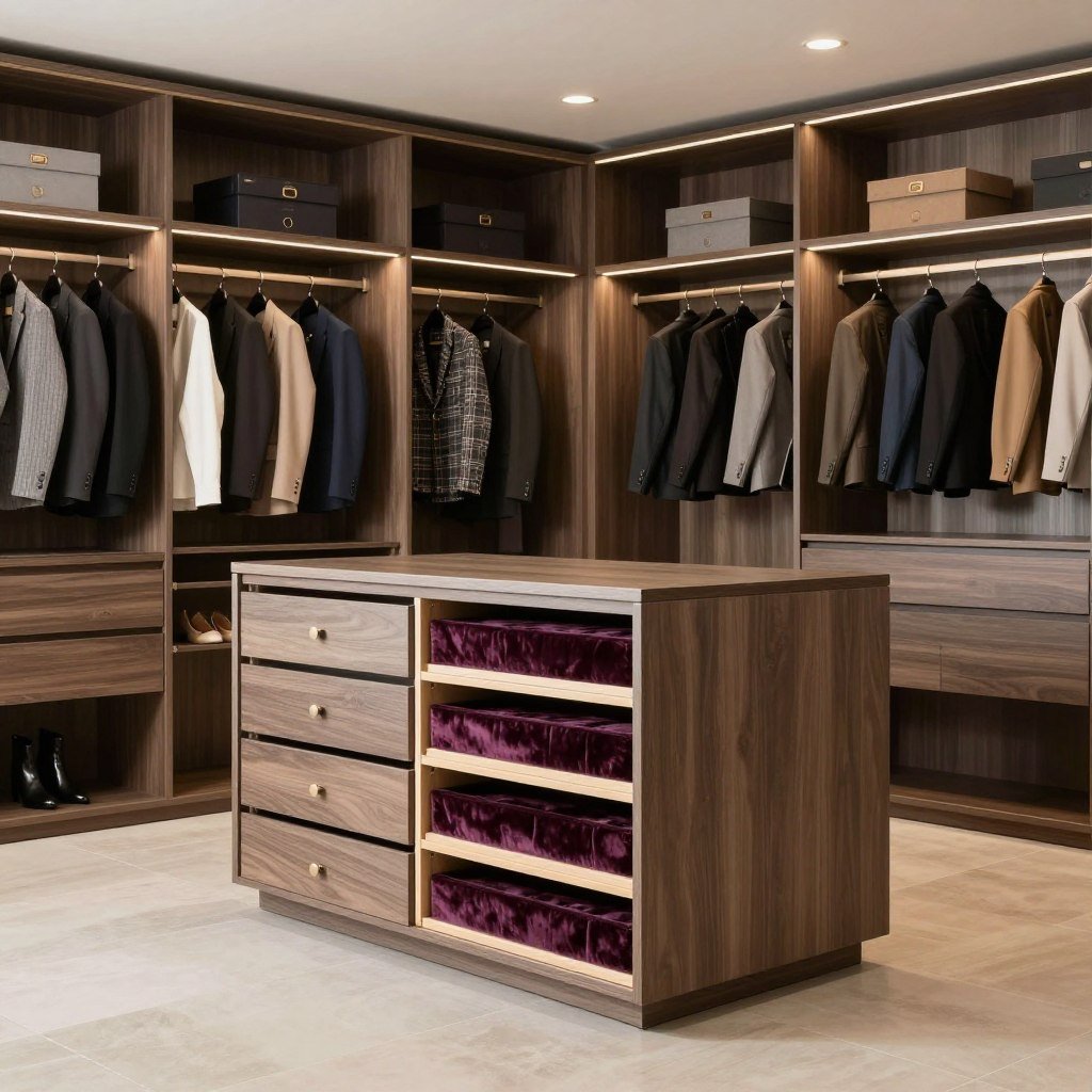 custom closet island with shoe storage drawers