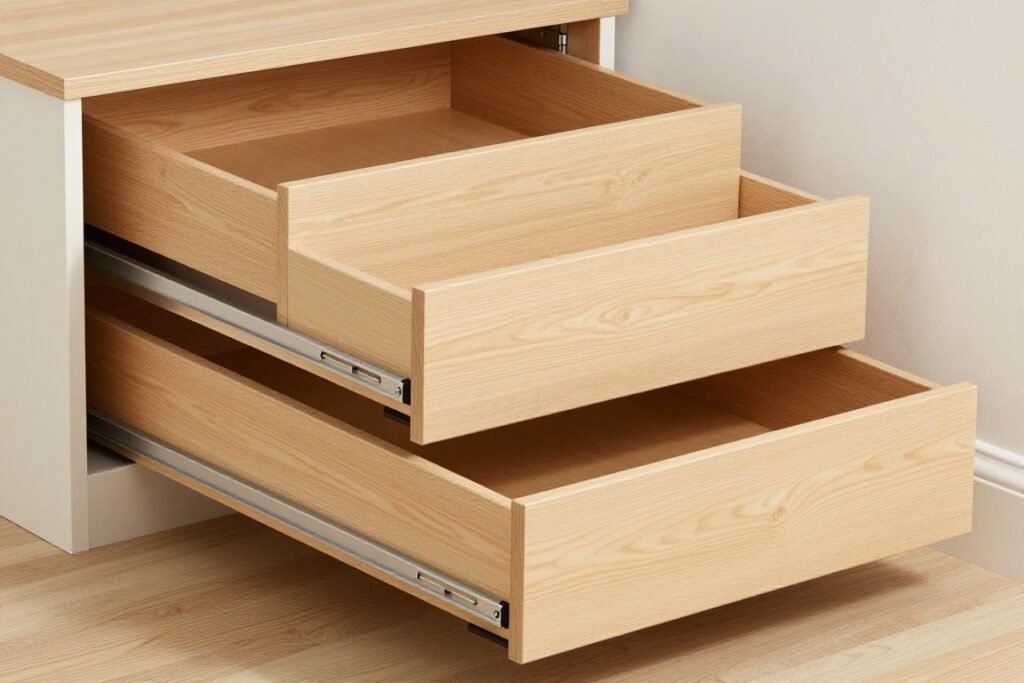 custom pull-out drawers installed under stairs with various compartment sizes