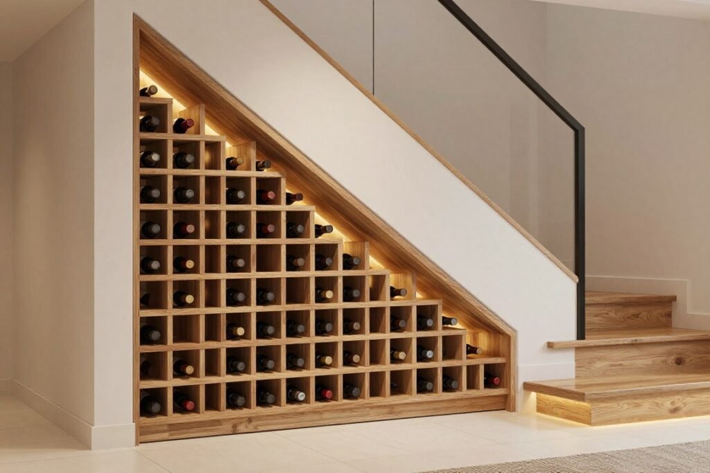 custom wine storage built into under stairs space with bottle racks