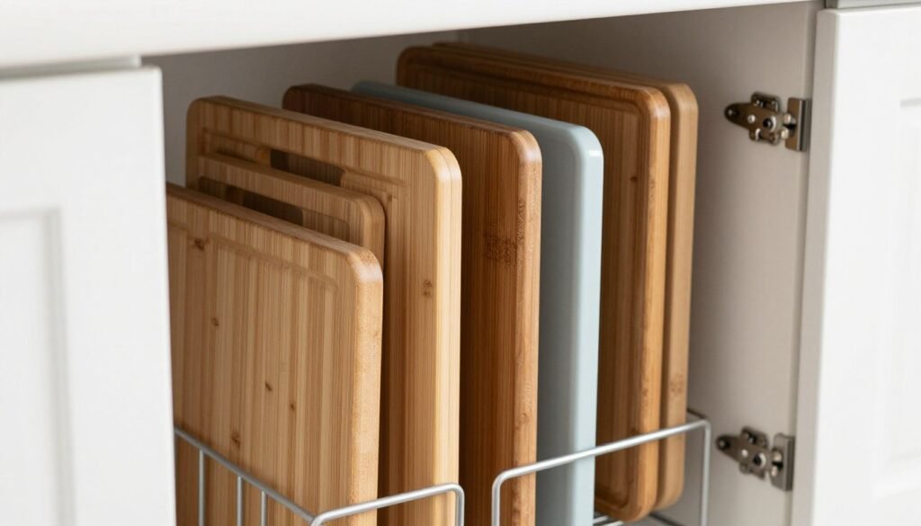 cutting board storage rack keeping boards vertical and organized