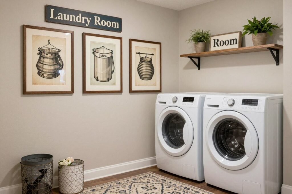 decorated basement laundry room with personal style