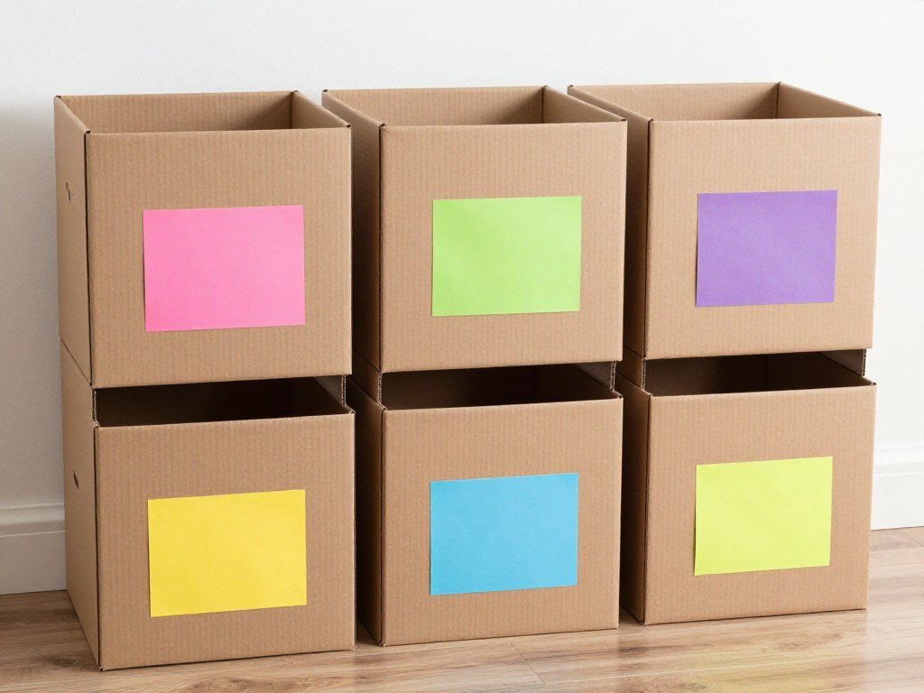 decorated cardboard boxes storing stuffed animals