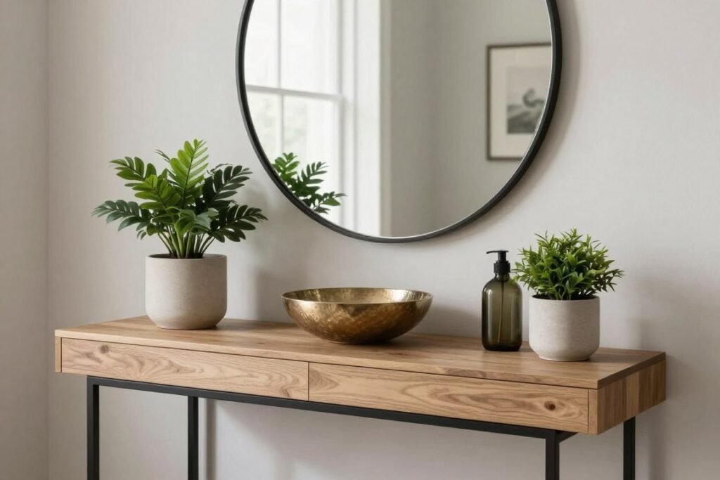 decorated console table with mirror and plants