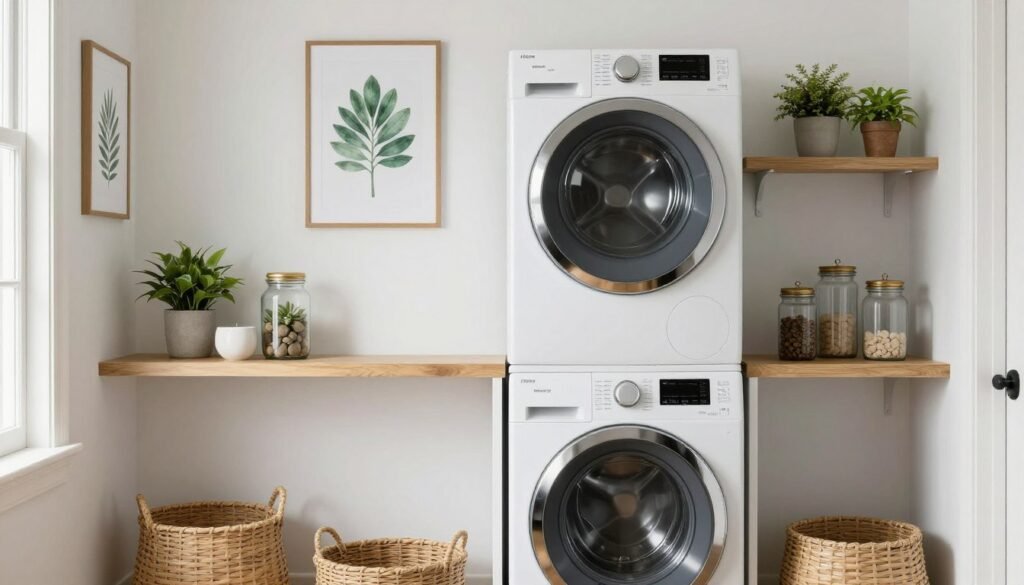 decorated laundry room with artwork and plants around stacked washer dryer