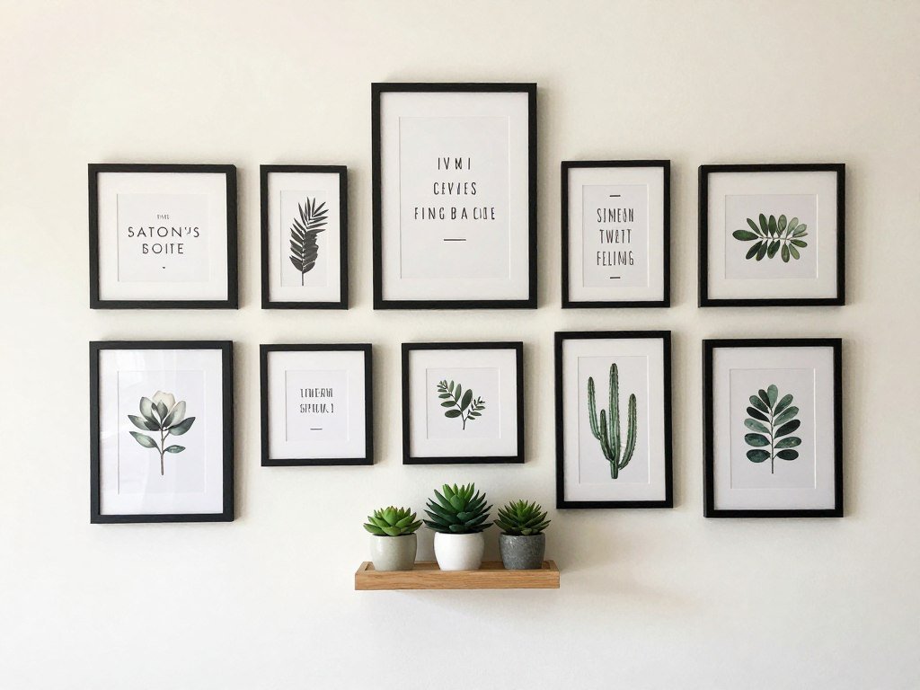 decorated salon suite wall with framed art and plants