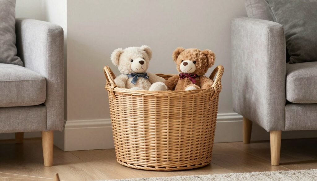 decorative basket with stuffed animals in modern living room