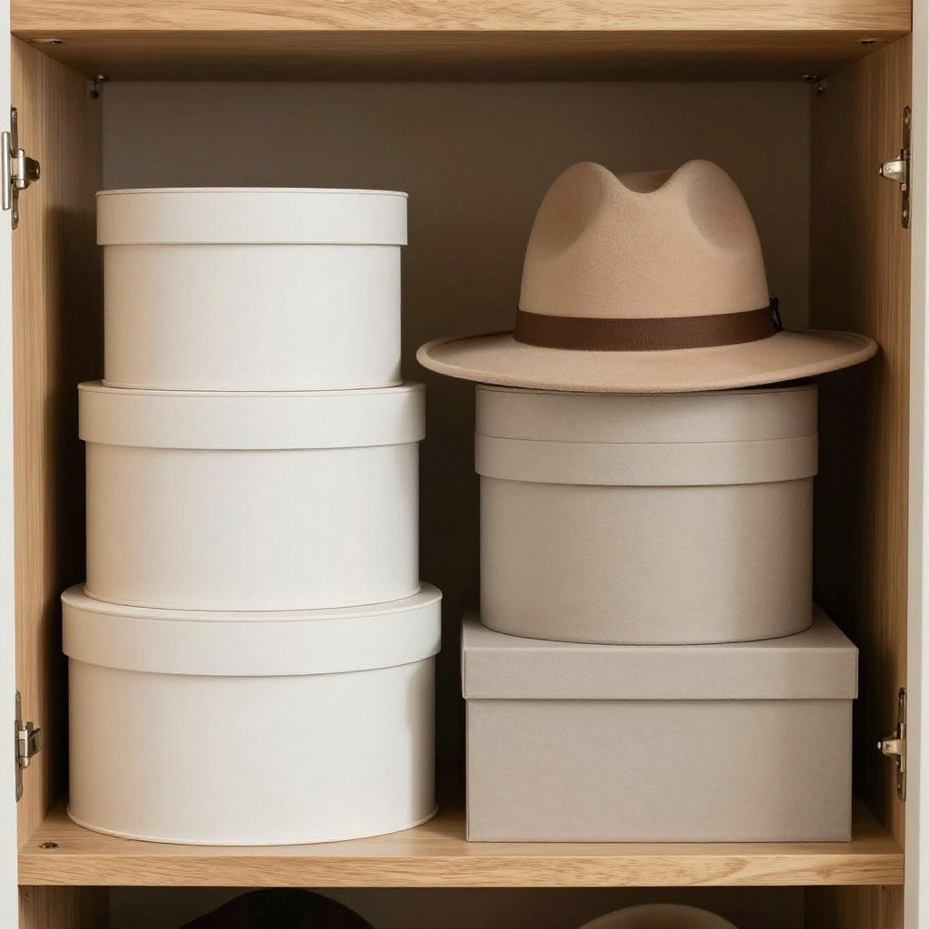 decorative hat boxes stacked on closet shelf storing various hat styles