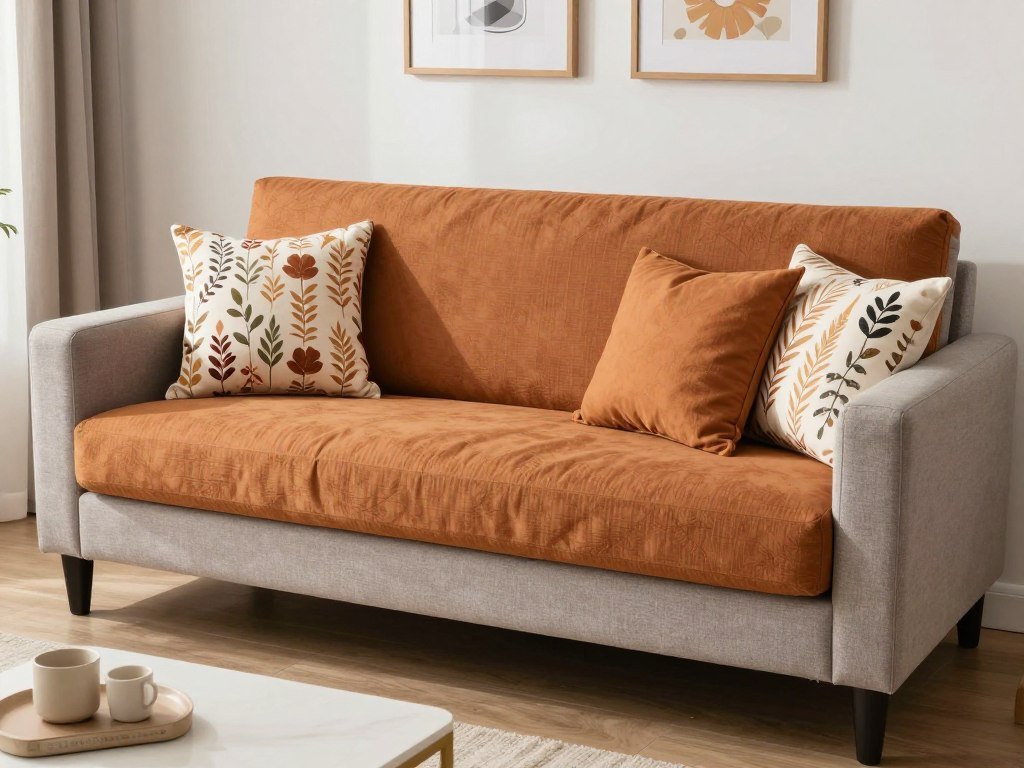 decorative pillow covers in seasonal colors on small living room sofa